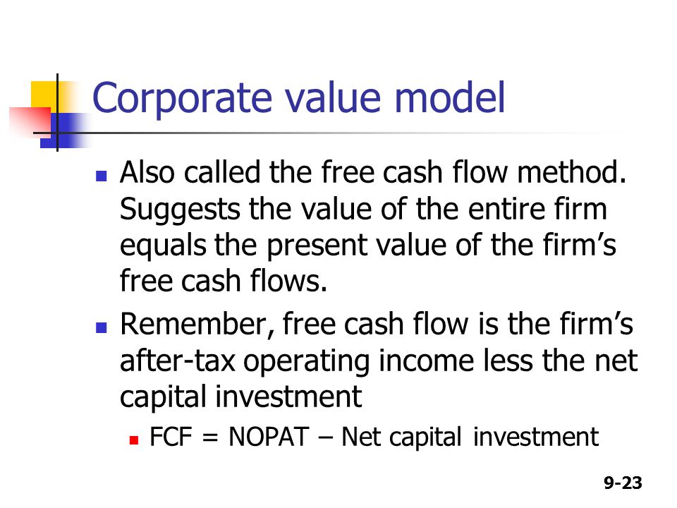 9-23 Corporate value model Also called the free cash flow method.