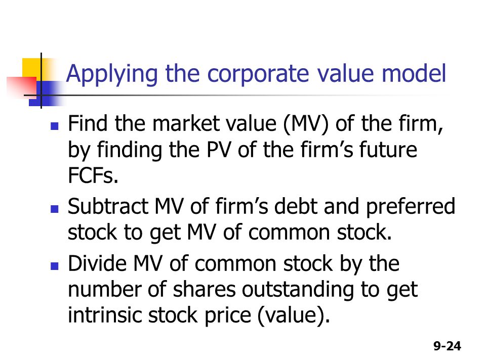 9-24 Applying the corporate value model Find the market value (MV) of the firm, by finding the PV of the firm’s future FCFs.