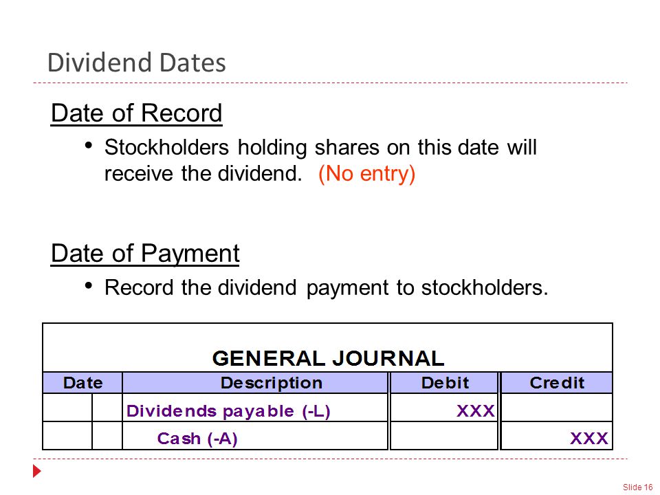Slide 16 Date of Record Stockholders holding shares on this date will receive the dividend.
