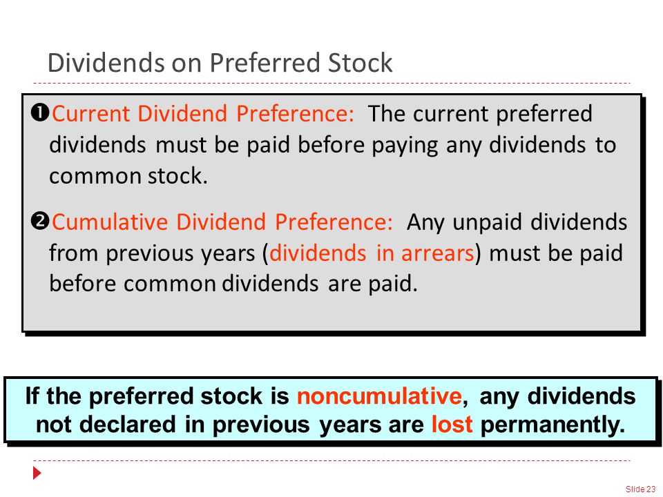 Slide 23  Current Dividend Preference: The current preferred dividends must be paid before paying any dividends to common stock.