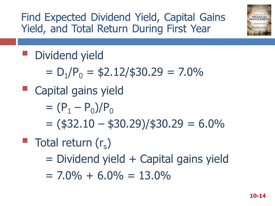 Find Expected Dividend Yield, Capital Gains Yield, and Total Return During First Year  Dividend yield = D 1 /P 0 = $2.12/$30.29 = 7.0%  Capital gains yield = (P 1 – P 0 )/P 0 = ($32.10 – $30.29)/$30.29 = 6.0%  Total return (r s ) = Dividend yield + Capital gains yield = 7.0% + 6.0% = 13.0% 10-14
