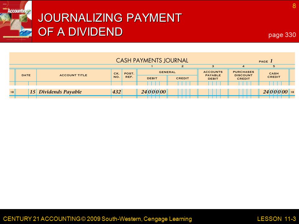 CENTURY 21 ACCOUNTING © 2009 South-Western, Cengage Learning 8 LESSON 11-3 JOURNALIZING PAYMENT OF A DIVIDEND page 330