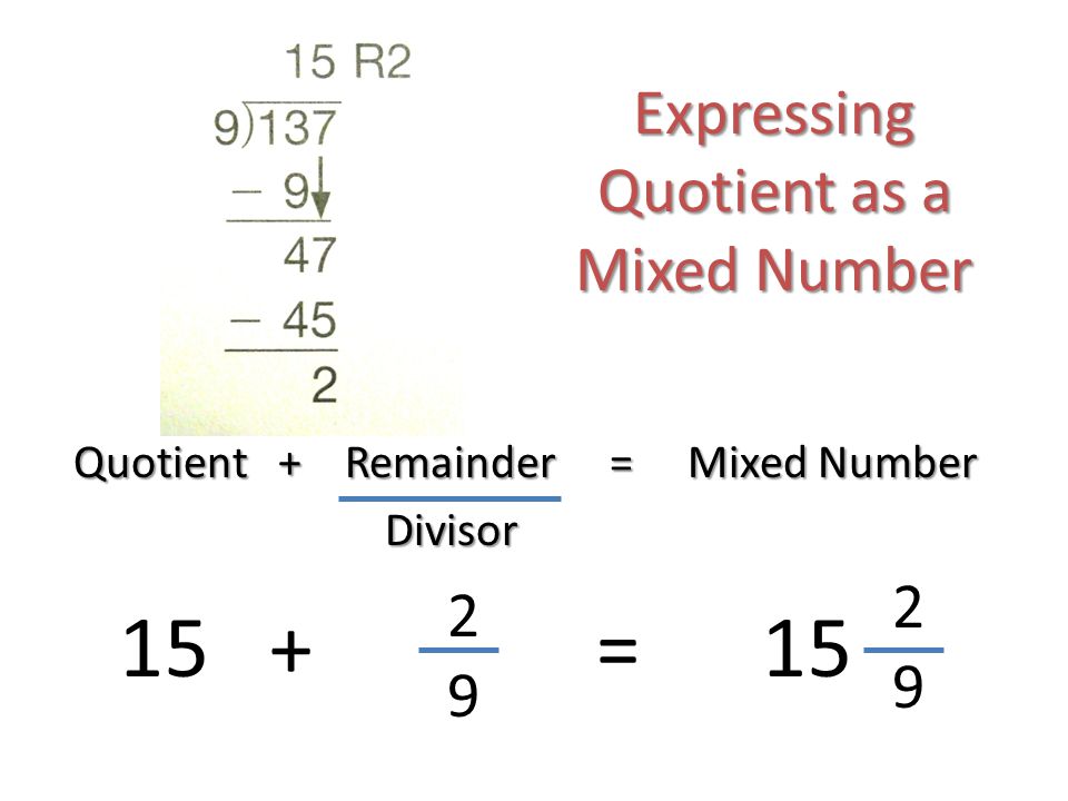 Quotient + Remainder = Mixed Number Divisor Divisor 15 + = Expressing Quotient as a Mixed Number
