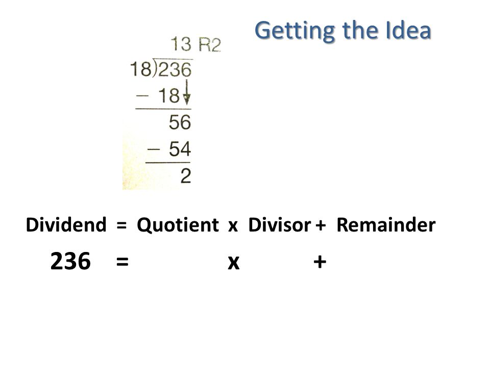 Getting the Idea Dividend = Quotient x Divisor + Remainder 236 = x +
