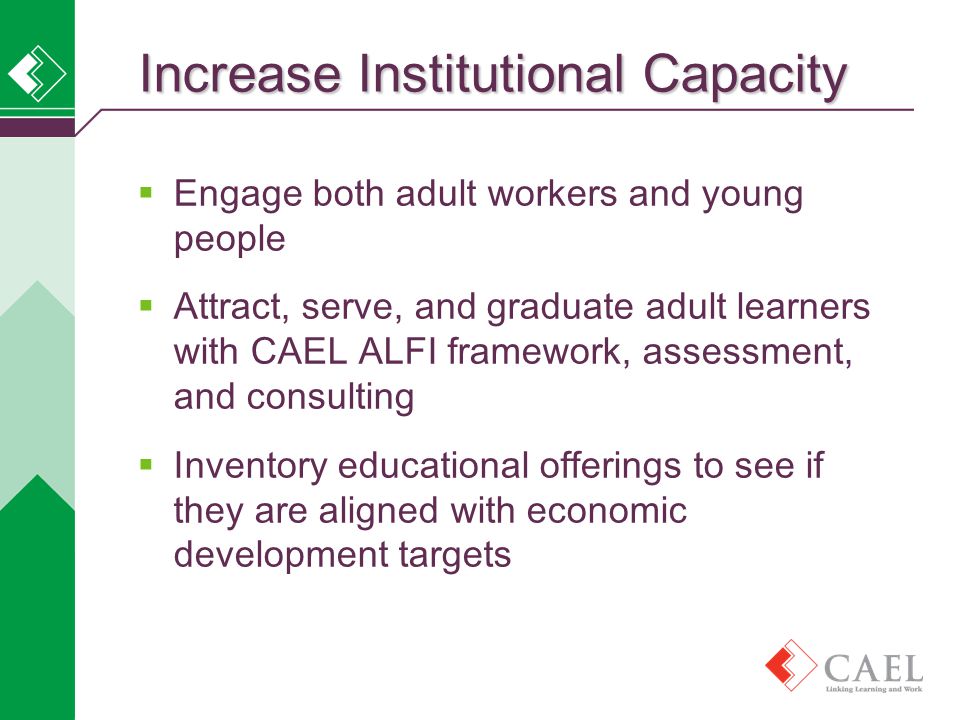  Engage both adult workers and young people  Attract, serve, and graduate adult learners with CAEL ALFI framework, assessment, and consulting  Inventory educational offerings to see if they are aligned with economic development targets Increase Institutional Capacity