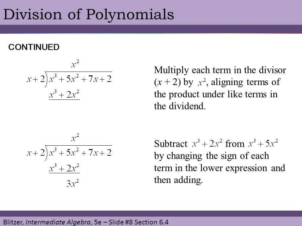 Blitzer, Intermediate Algebra, 5e – Slide #8 Section 6.4 Division of Polynomials Multiply each term in the divisor (x + 2) by, aligning terms of the product under like terms in the dividend.