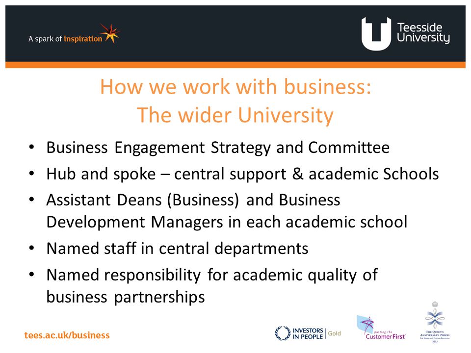 How we work with business: The wider University Business Engagement Strategy and Committee Hub and spoke – central support & academic Schools Assistant Deans (Business) and Business Development Managers in each academic school Named staff in central departments Named responsibility for academic quality of business partnerships