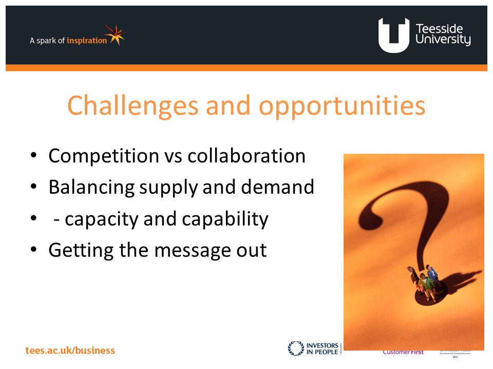 Challenges and opportunities Competition vs collaboration Balancing supply and demand - capacity and capability Getting the message out