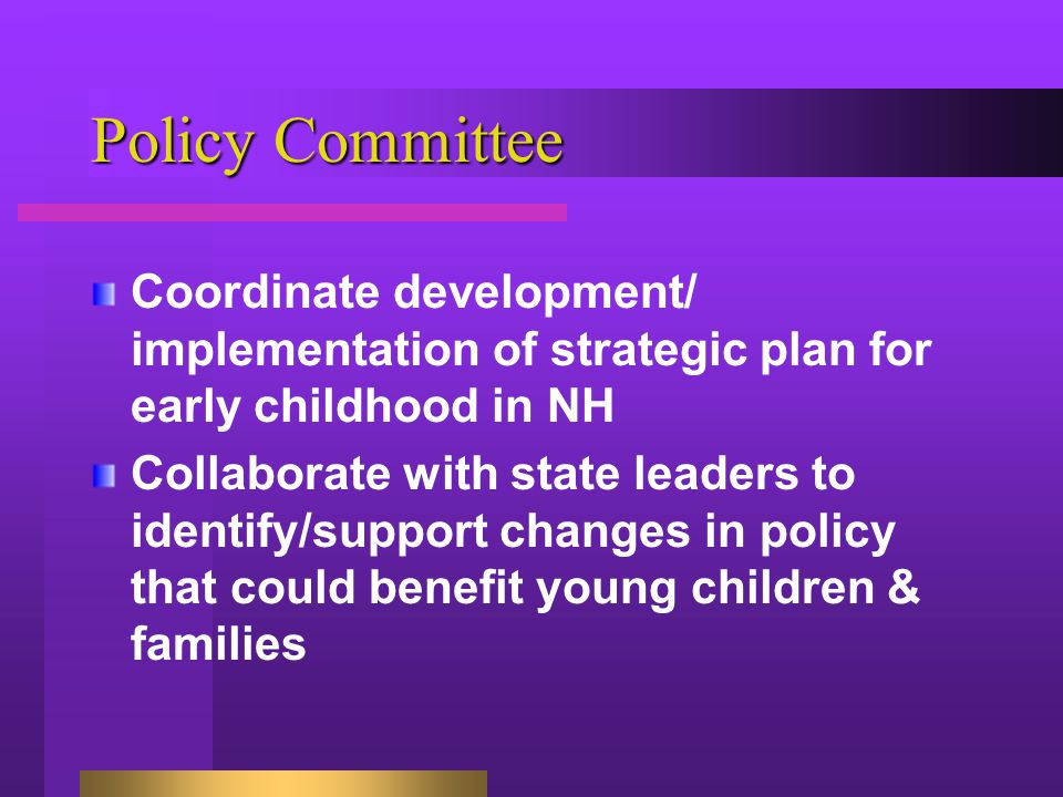 Policy Committee Coordinate development/ implementation of strategic plan for early childhood in NH Collaborate with state leaders to identify/support changes in policy that could benefit young children & families