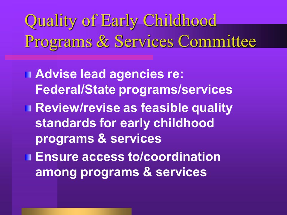 Quality of Early Childhood Programs & Services Committee Advise lead agencies re: Federal/State programs/services Review/revise as feasible quality standards for early childhood programs & services Ensure access to/coordination among programs & services