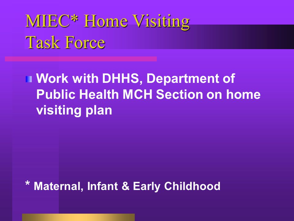 MIEC* Home Visiting Task Force Work with DHHS, Department of Public Health MCH Section on home visiting plan * Maternal, Infant & Early Childhood