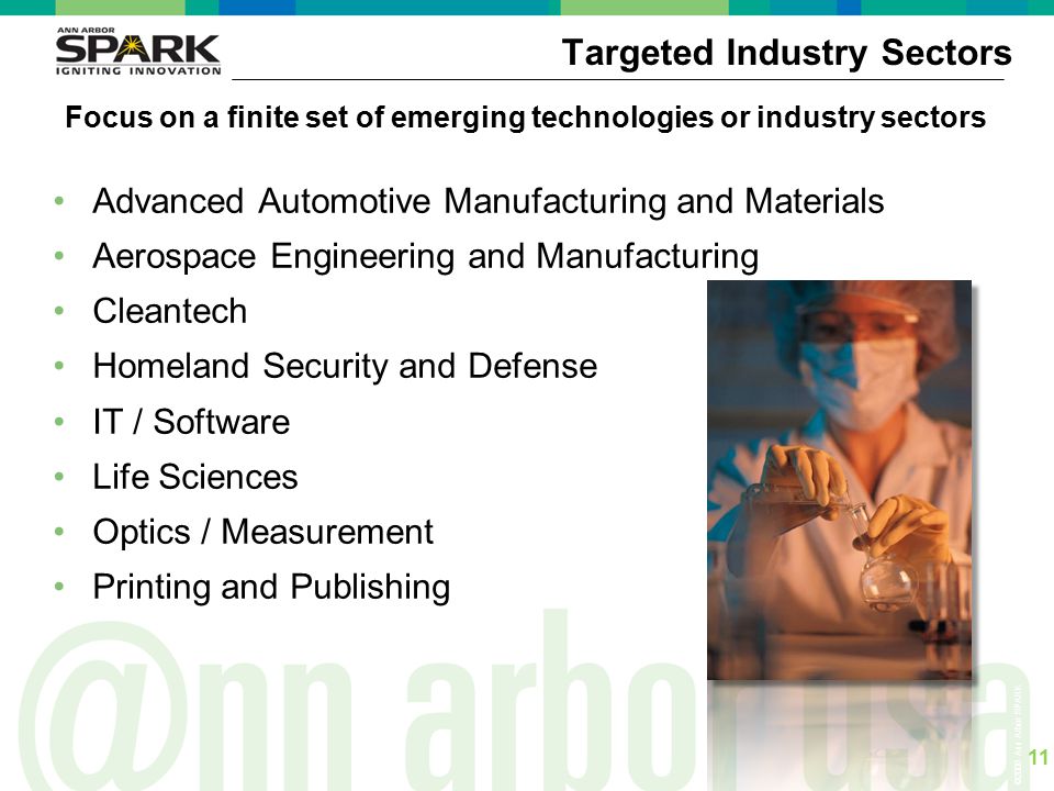 ©2006 Ann Arbor SPARK Advanced Automotive Manufacturing and Materials Aerospace Engineering and Manufacturing Cleantech Homeland Security and Defense IT / Software Life Sciences Optics / Measurement Printing and Publishing Targeted Industry Sectors Focus on a finite set of emerging technologies or industry sectors 11