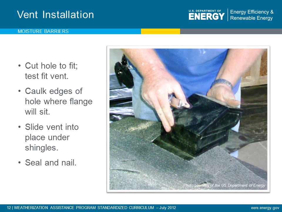 12 | WEATHERIZATION ASSISTANCE PROGRAM STANDARDIZED CURRICULUM – July 2012eere.energy.gov Cut hole to fit; test fit vent.