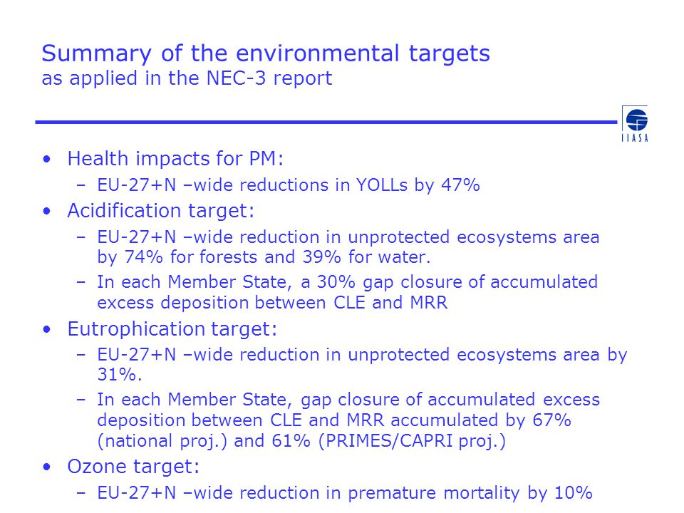 Summary of the environmental targets as applied in the NEC-3 report Health impacts for PM: –EU-27+N –wide reductions in YOLLs by 47% Acidification target: –EU-27+N –wide reduction in unprotected ecosystems area by 74% for forests and 39% for water.