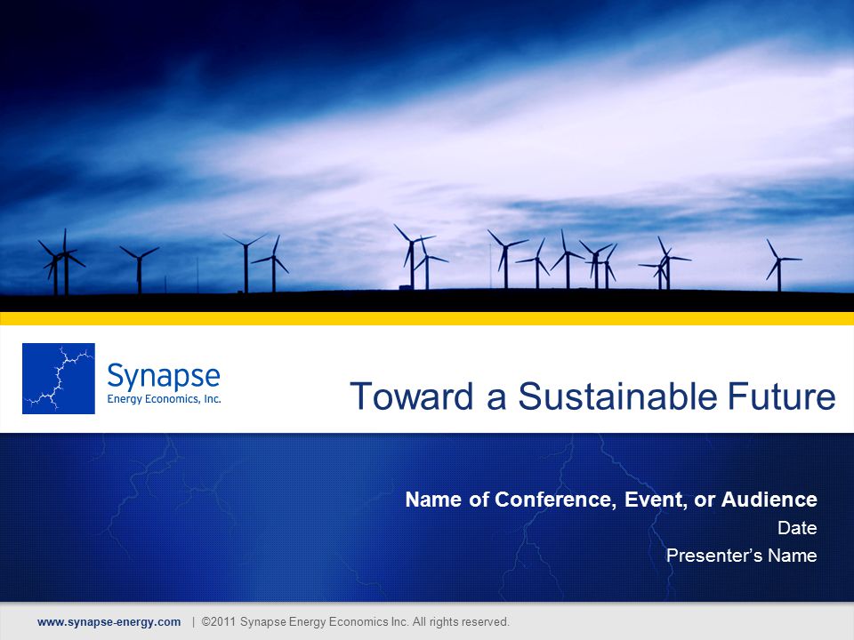 Toward a Sustainable Future Name of Conference, Event, or Audience Date Presenter’s Name   | ©2011 Synapse Energy Economics Inc.