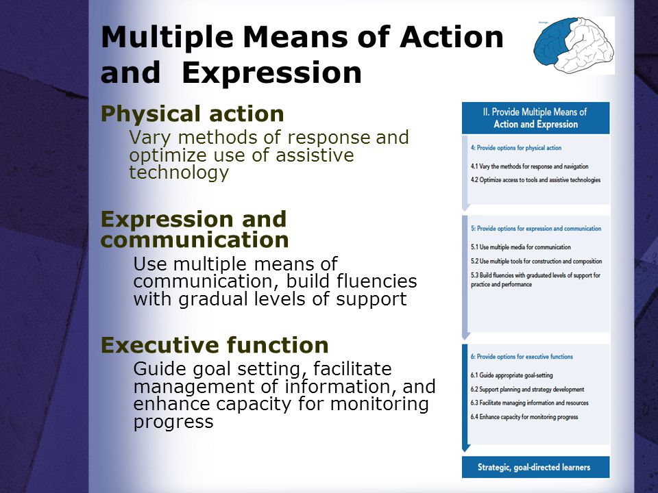 Multiple Means of Action and Expression Physical action Vary methods of response and optimize use of assistive technology Expression and communication Use multiple means of communication, build fluencies with gradual levels of support Executive function Guide goal setting, facilitate management of information, and enhance capacity for monitoring progress