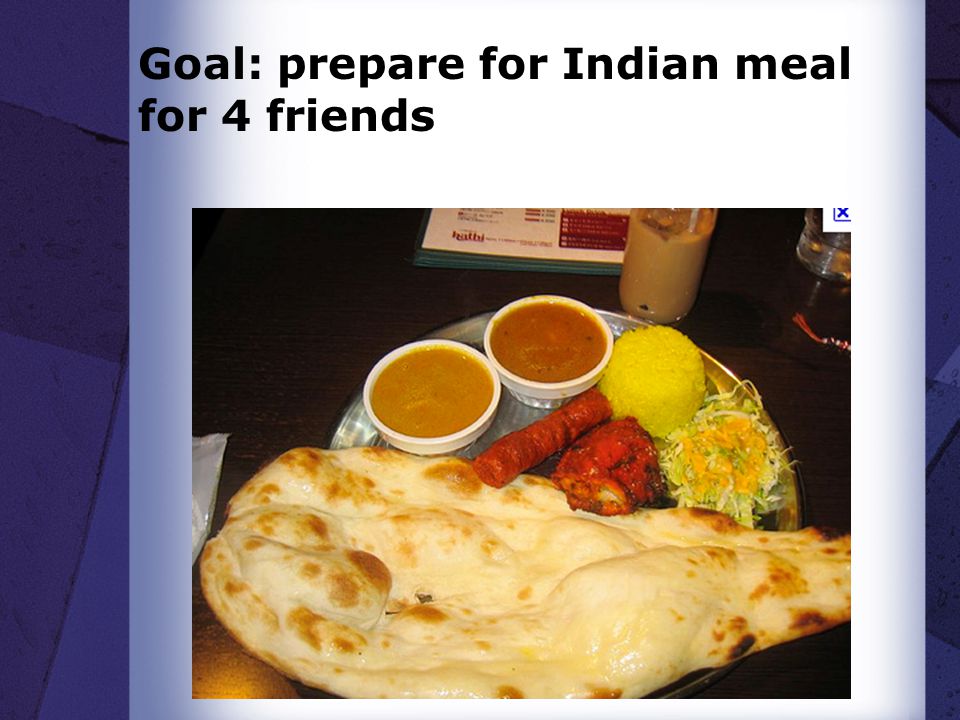 Goal: prepare for Indian meal for 4 friends