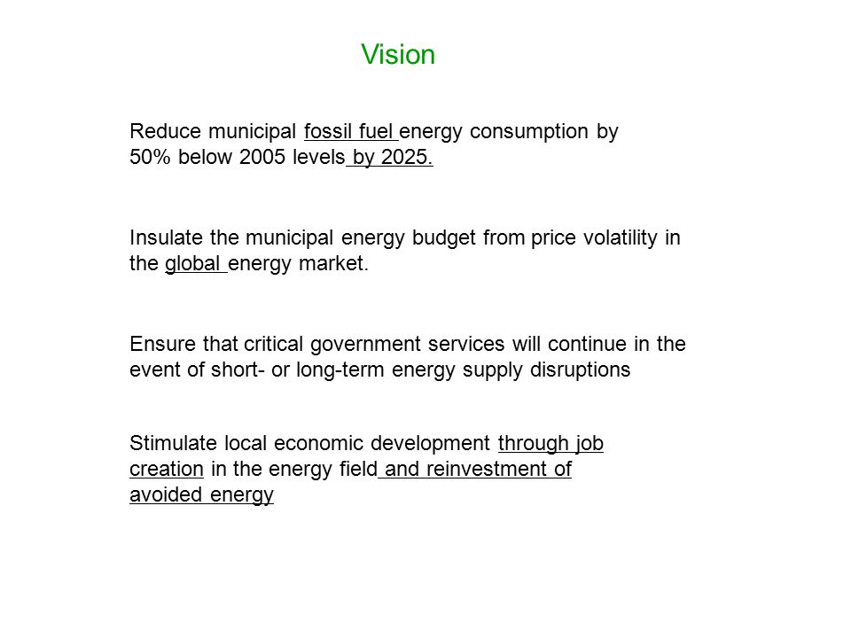 Reduce municipal fossil fuel energy consumption by 50% below 2005 levels by 2025.