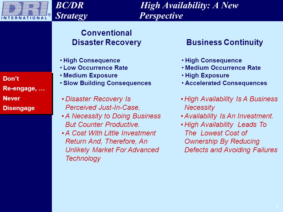 9 BC/DR High Availability: A New Strategy Perspective Don’t Re-engage, … Never Disengage Conventional Disaster Recovery High Consequence Low Occurrence Rate Medium Exposure Slow Building Consequences Business Continuity High Consequence Medium Occurrence Rate High Exposure Accelerated Consequences Disaster Recovery Is Perceived Just-In-Case, A Necessity to Doing Business But Counter Productive.