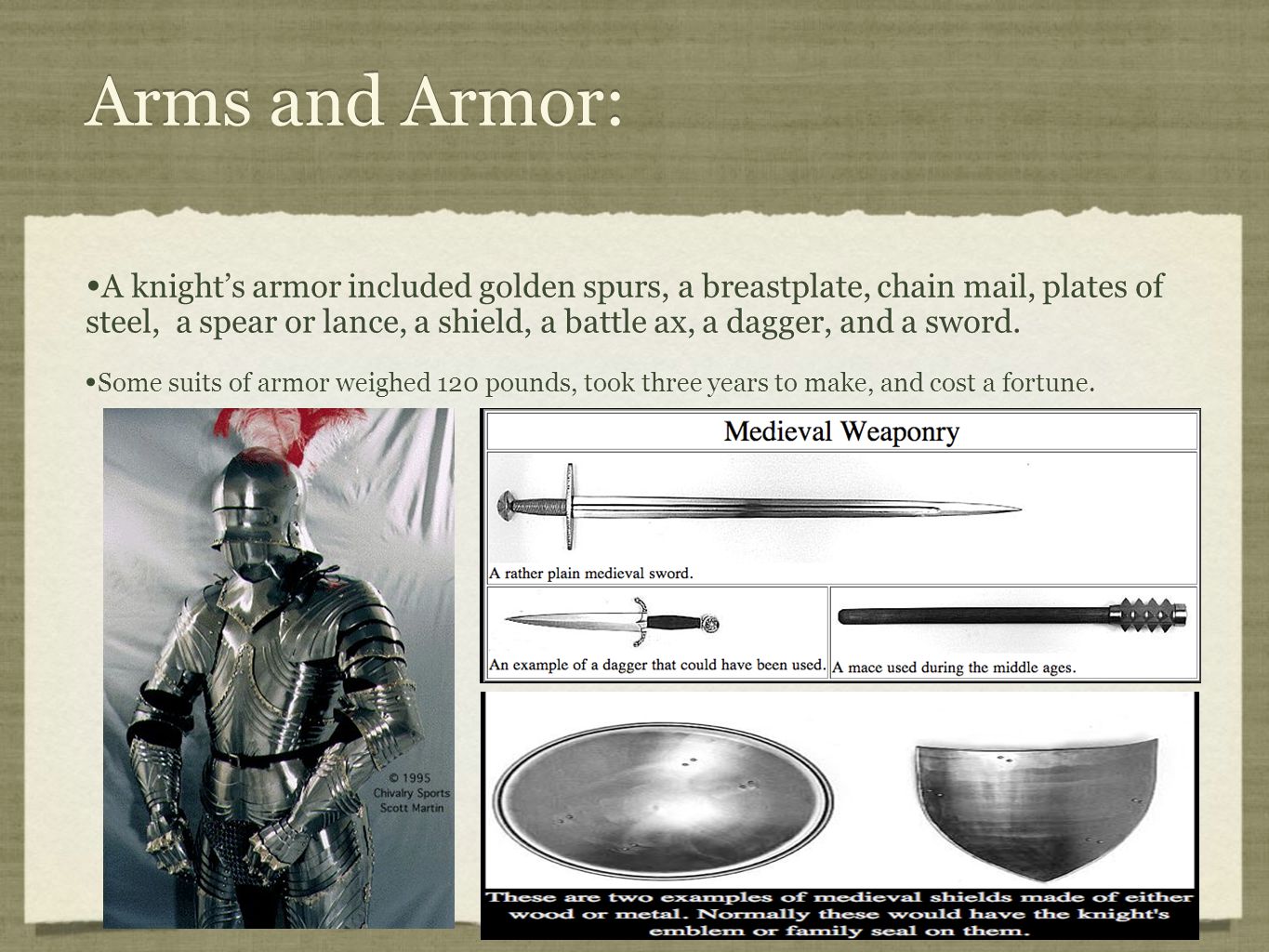 Arms and Armor: A knight’s armor included golden spurs, a breastplate, chain mail, plates of steel, a spear or lance, a shield, a battle ax, a dagger, and a sword.