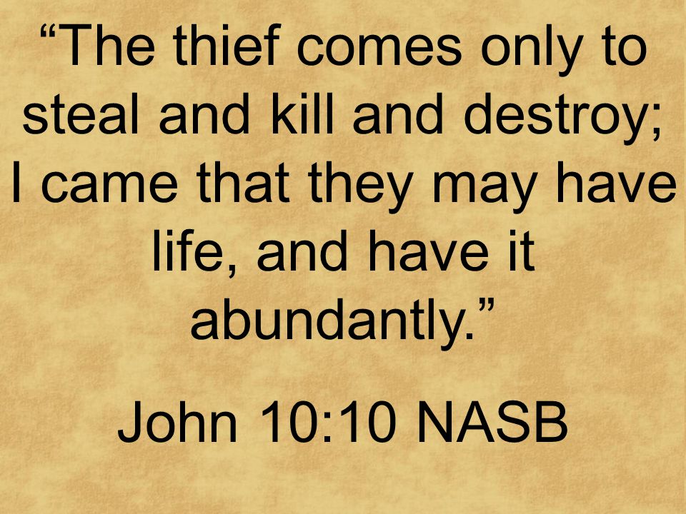 The thief comes only to steal and kill and destroy; I came that they may have life, and have it abundantly. John 10:10 NASB
