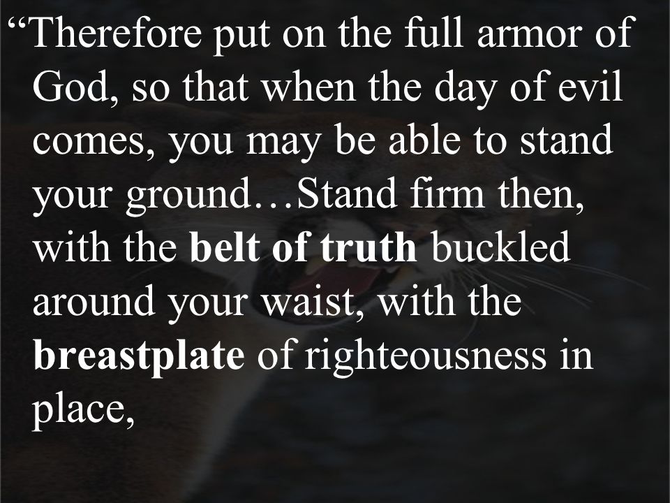 Therefore put on the full armor of God, so that when the day of evil comes, you may be able to stand your ground…Stand firm then, with the belt of truth buckled around your waist, with the breastplate of righteousness in place,