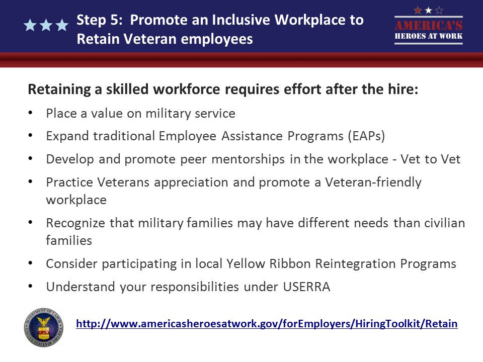Step 5: Promote an Inclusive Workplace to Retain Veteran employees Retaining a skilled workforce requires effort after the hire: Place a value on military service Expand traditional Employee Assistance Programs (EAPs) Develop and promote peer mentorships in the workplace - Vet to Vet Practice Veterans appreciation and promote a Veteran-friendly workplace Recognize that military families may have different needs than civilian families Consider participating in local Yellow Ribbon Reintegration Programs Understand your responsibilities under USERRA