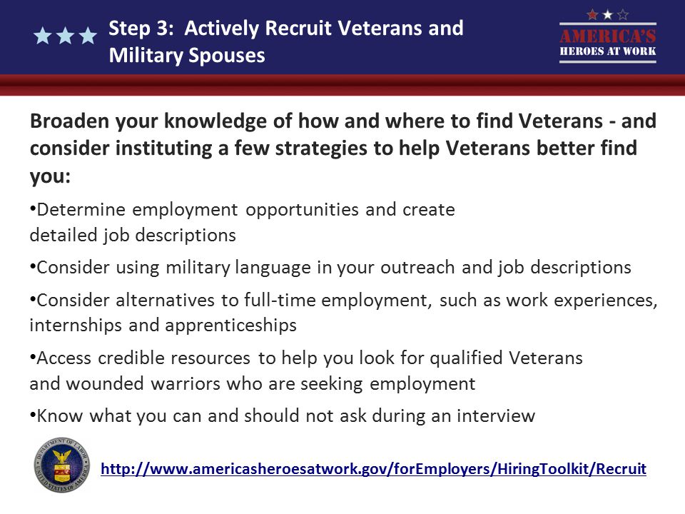 Step 3: Actively Recruit Veterans and Military Spouses Broaden your knowledge of how and where to find Veterans - and consider instituting a few strategies to help Veterans better find you: Determine employment opportunities and create detailed job descriptions Consider using military language in your outreach and job descriptions Consider alternatives to full-time employment, such as work experiences, internships and apprenticeships Access credible resources to help you look for qualified Veterans and wounded warriors who are seeking employment Know what you can and should not ask during an interview