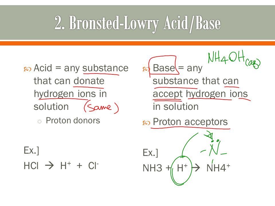  Acid = any substance that can donate hydrogen ions in solution o Proton donors Ex.] HCl  H + + Cl -  Base = any substance that can accept hydrogen ions in solution  Proton acceptors Ex.] NH3 + H +  NH4 +