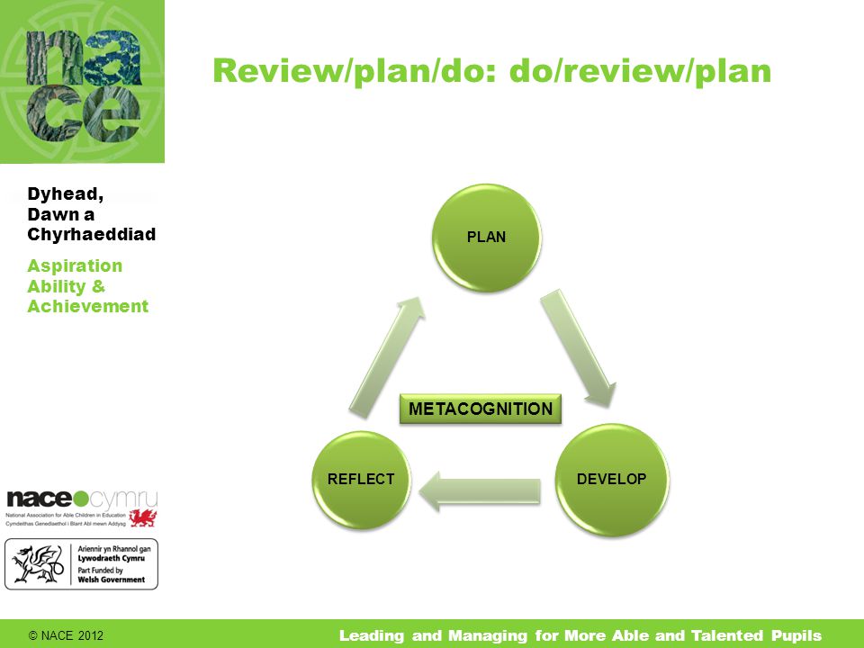 © NACE 2012 Aspiration Ability & Achievement Dyhead, Dawn a Chyrhaeddiad Leading and Managing for More Able and Talented Pupils Review/plan/do: do/review/plan PLAN DEVELOP REFLECT METACOGNITION