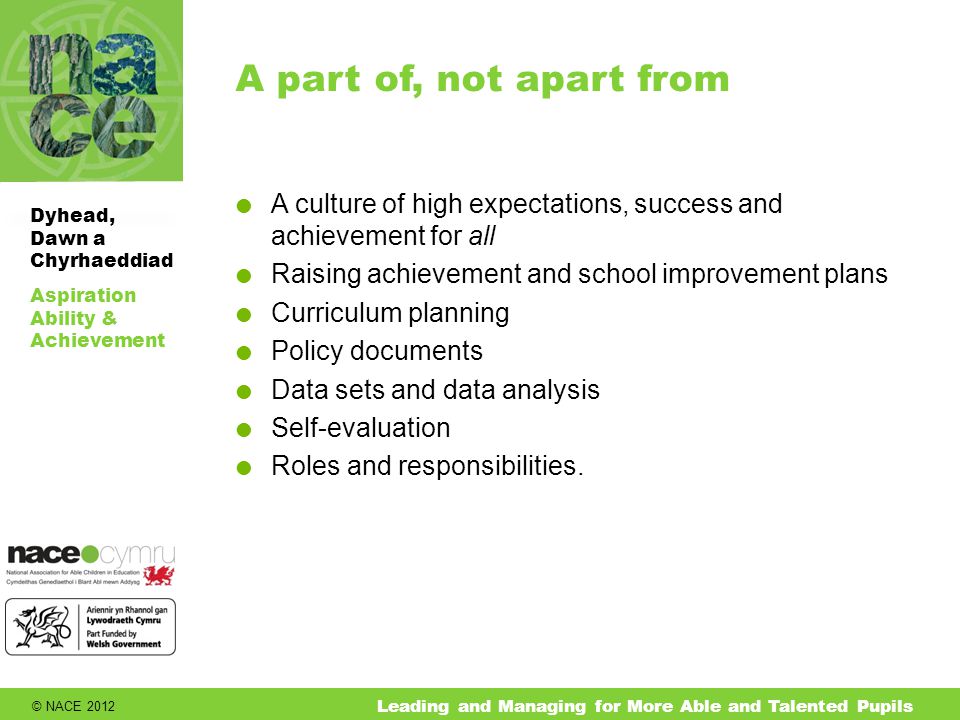 © NACE 2012 Aspiration Ability & Achievement Dyhead, Dawn a Chyrhaeddiad Leading and Managing for More Able and Talented Pupils A part of, not apart from  A culture of high expectations, success and achievement for all  Raising achievement and school improvement plans  Curriculum planning  Policy documents  Data sets and data analysis  Self-evaluation  Roles and responsibilities.