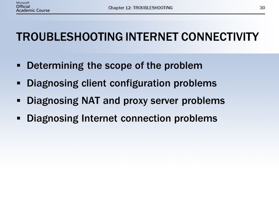 Chapter 12: TROUBLESHOOTING30 TROUBLESHOOTING INTERNET CONNECTIVITY  Determining the scope of the problem  Diagnosing client configuration problems  Diagnosing NAT and proxy server problems  Diagnosing Internet connection problems  Determining the scope of the problem  Diagnosing client configuration problems  Diagnosing NAT and proxy server problems  Diagnosing Internet connection problems