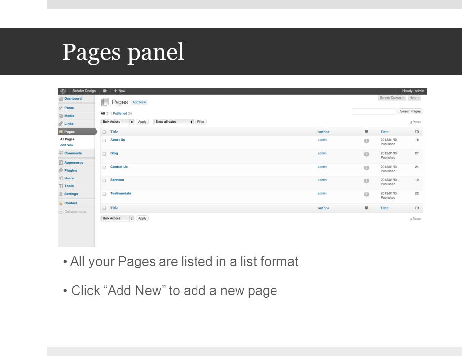 Pages panel All your Pages are listed in a list format Click Add New to add a new page