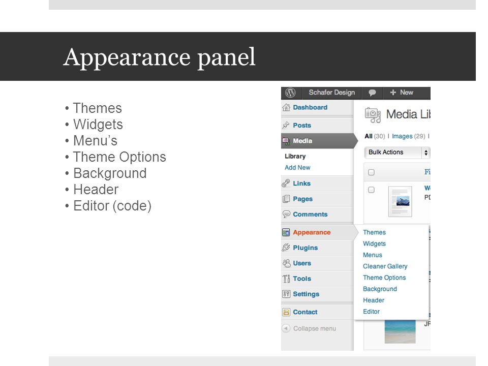 Appearance panel Themes Widgets Menu’s Theme Options Background Header Editor (code)