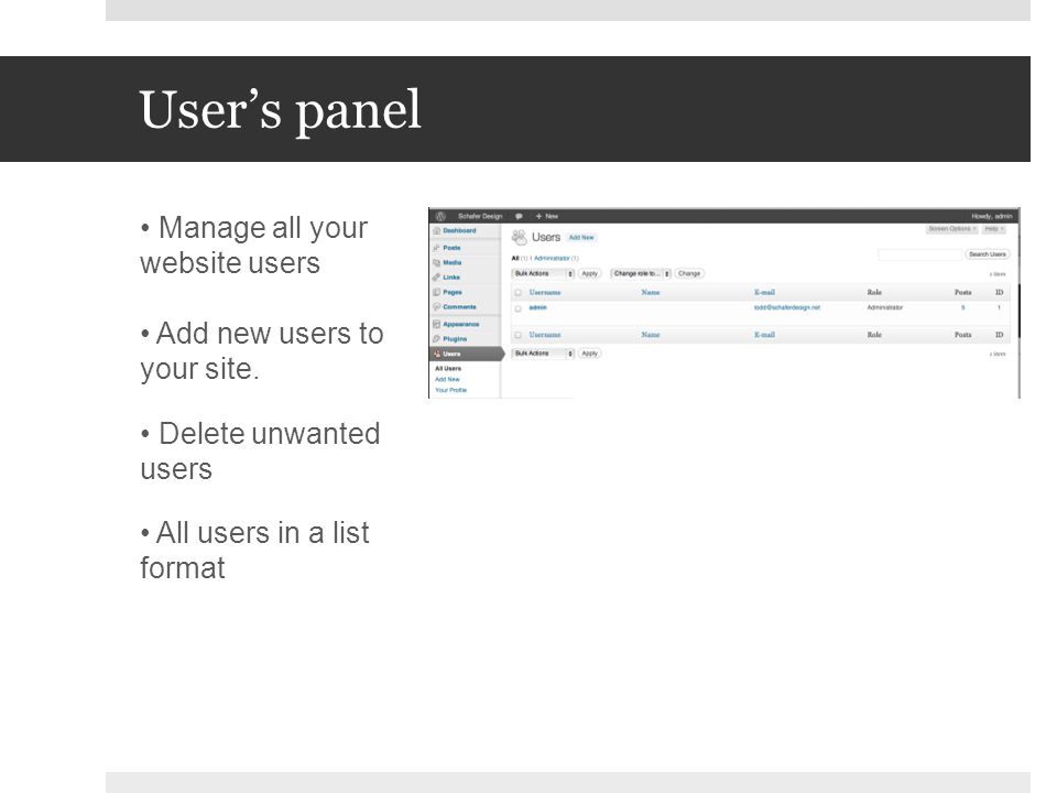 User’s panel Manage all your website users Add new users to your site.
