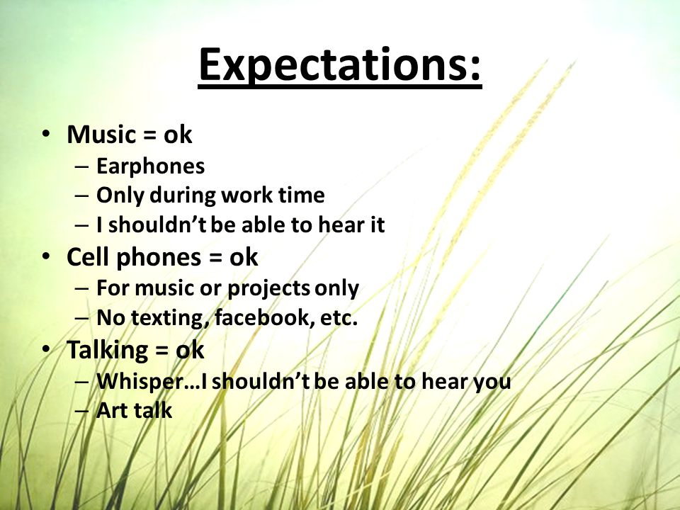 Expectations: Music = ok – Earphones – Only during work time – I shouldn’t be able to hear it Cell phones = ok – For music or projects only – No texting, facebook, etc.