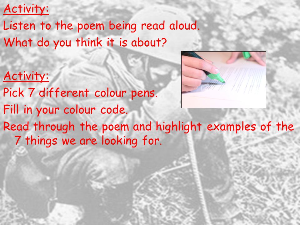 Activity: Listen to the poem being read aloud. What do you think it is about.