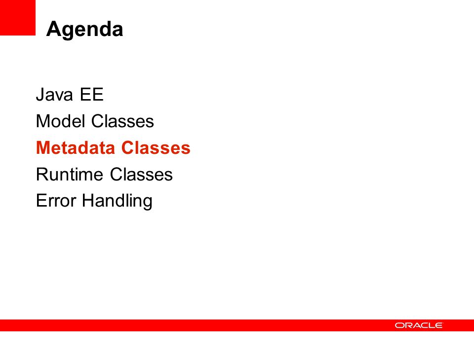 Agenda Java EE Model Classes Metadata Classes Runtime Classes Error Handling