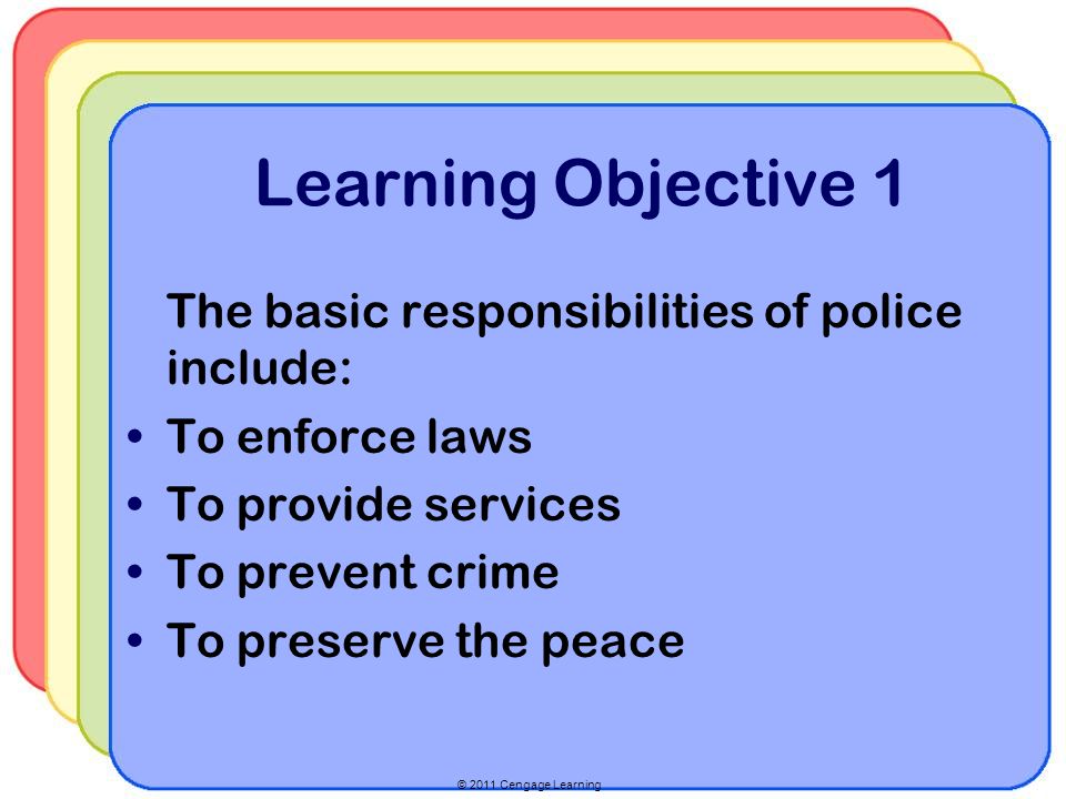 © 2011 Cengage Learning Learning Objective 1 The basic responsibilities of police include: To enforce laws To provide services To prevent crime To preserve the peace