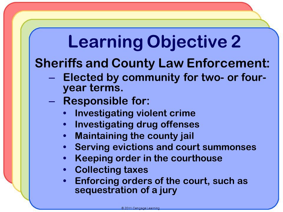 © 2011 Cengage Learning Learning Objective 2 Sheriffs and County Law Enforcement: – Elected by community for two- or four- year terms.