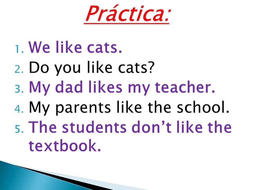 1. We like cats. 2. Do you like cats. 3. My dad likes my teacher.