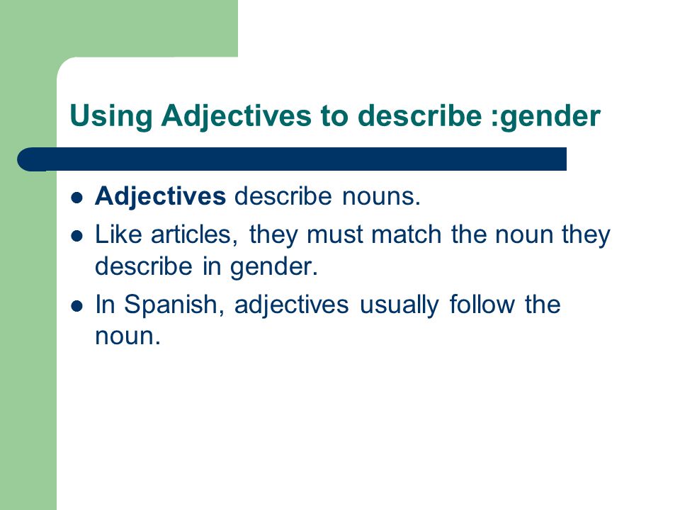 Using Adjectives to describe :gender Adjectives describe nouns.