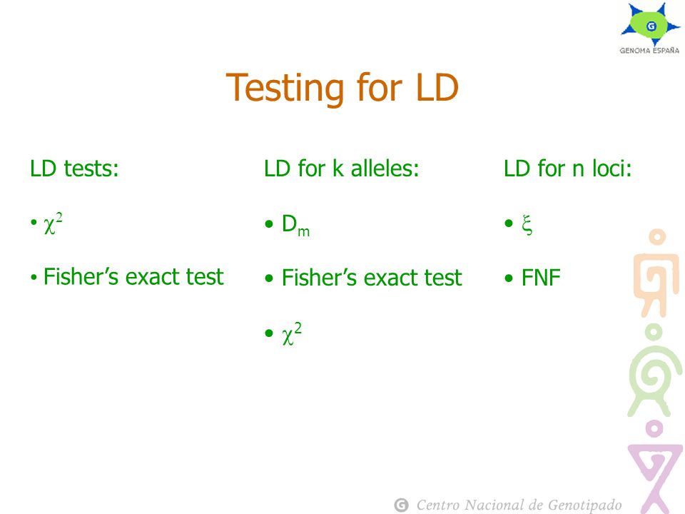  2 Fisher’s exact test LD tests:LD for k alleles: D m Fisher’s exact test  2 LD for n loci:  FNF Testing for LD
