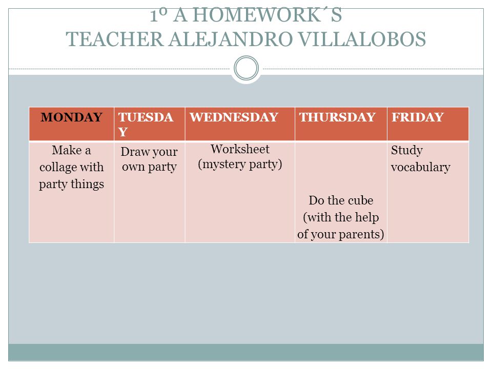 1º A HOMEWORK´S TEACHER ALEJANDRO VILLALOBOS MONDAYTUESDA Y WEDNESDAYTHURSDAYFRIDAY Make a collage with party things Draw your own party Worksheet (mystery party) Do the cube (with the help of your parents) Study vocabulary