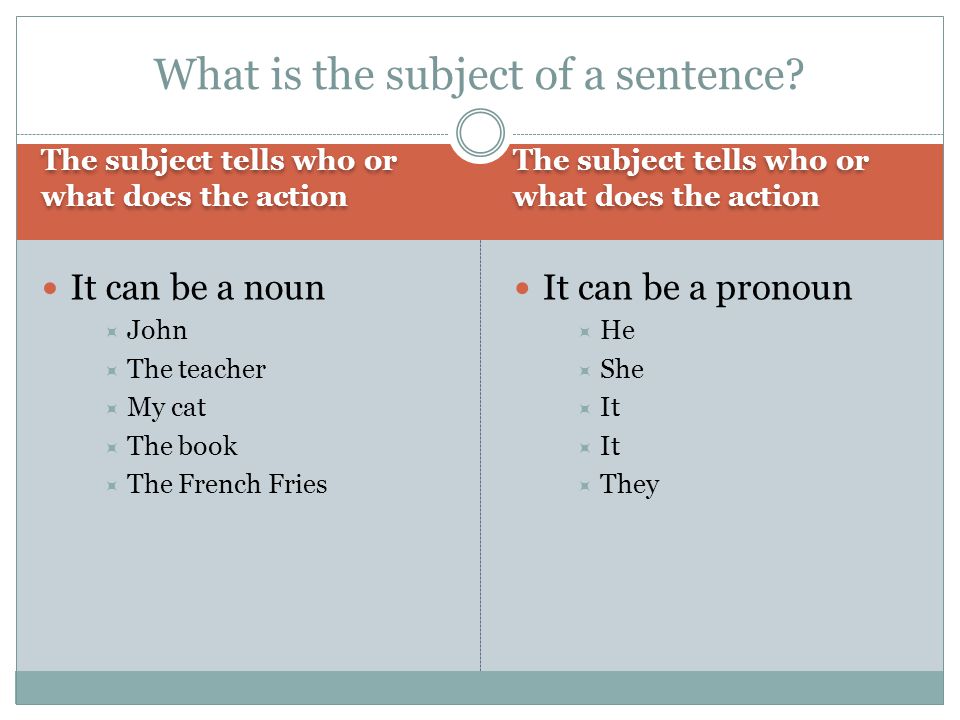 The subject tells who or what does the action It can be a noun  John  The teacher  My cat  The book  The French Fries It can be a pronoun  He  She  It  They What is the subject of a sentence