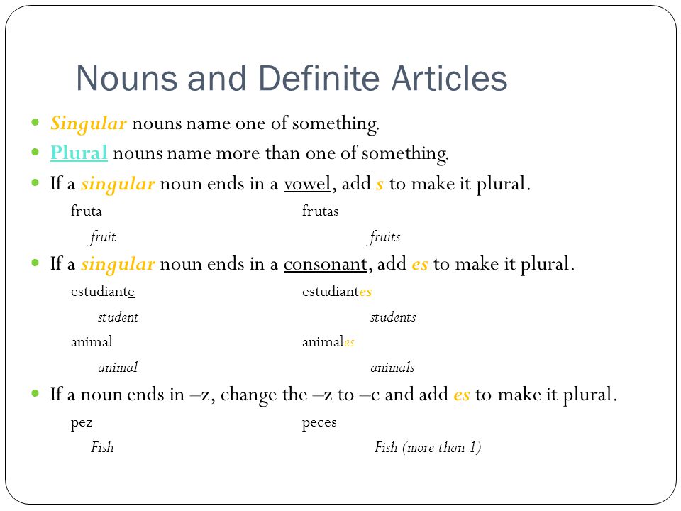 Nouns and Definite Articles Singular nouns name one of something.