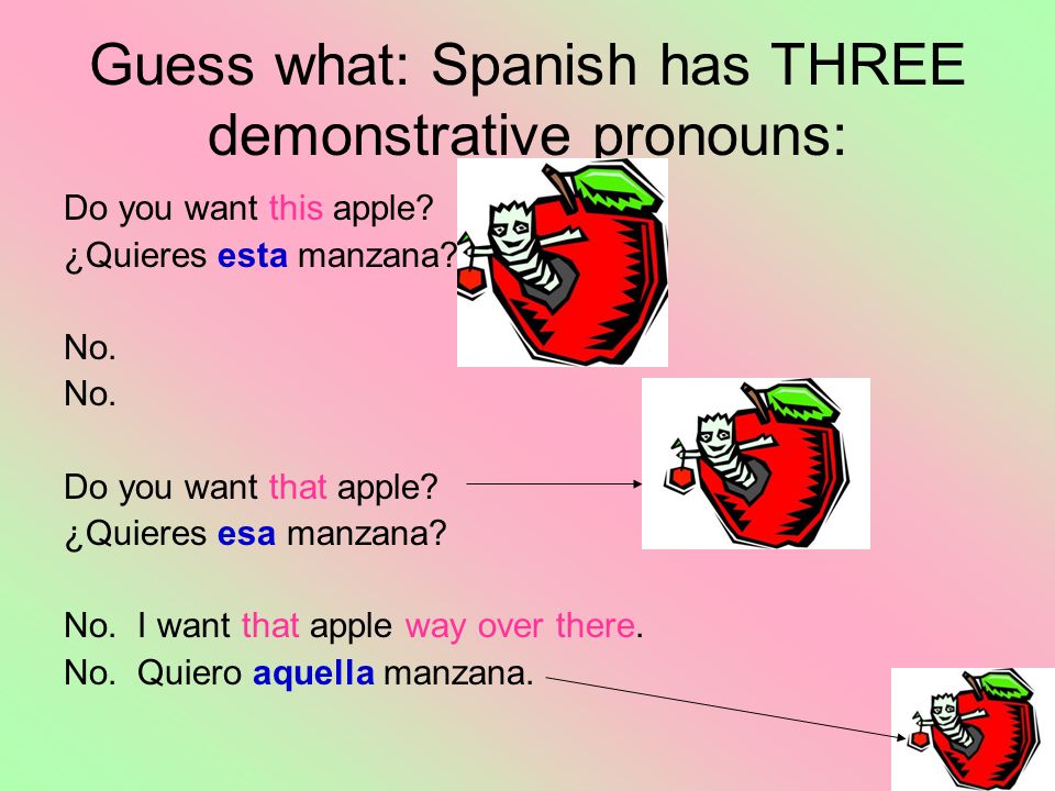 Guess what: Spanish has THREE demonstrative pronouns: Do you want this apple.