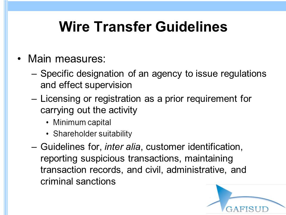 Wire Transfer Guidelines Main measures: –Specific designation of an agency to issue regulations and effect supervision –Licensing or registration as a prior requirement for carrying out the activity Minimum capital Shareholder suitability –Guidelines for, inter alia, customer identification, reporting suspicious transactions, maintaining transaction records, and civil, administrative, and criminal sanctions