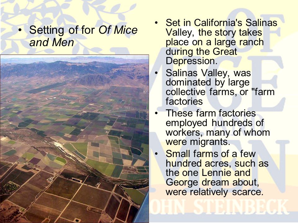 Setting of for Of Mice and Men Set in California s Salinas Valley, the story takes place on a large ranch during the Great Depression.