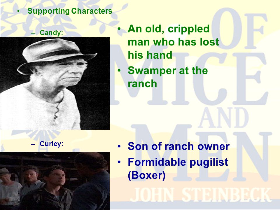 Supporting Characters –Candy: –Curley: An old, crippled man who has lost his hand Swamper at the ranch Son of ranch owner Formidable pugilist (Boxer)